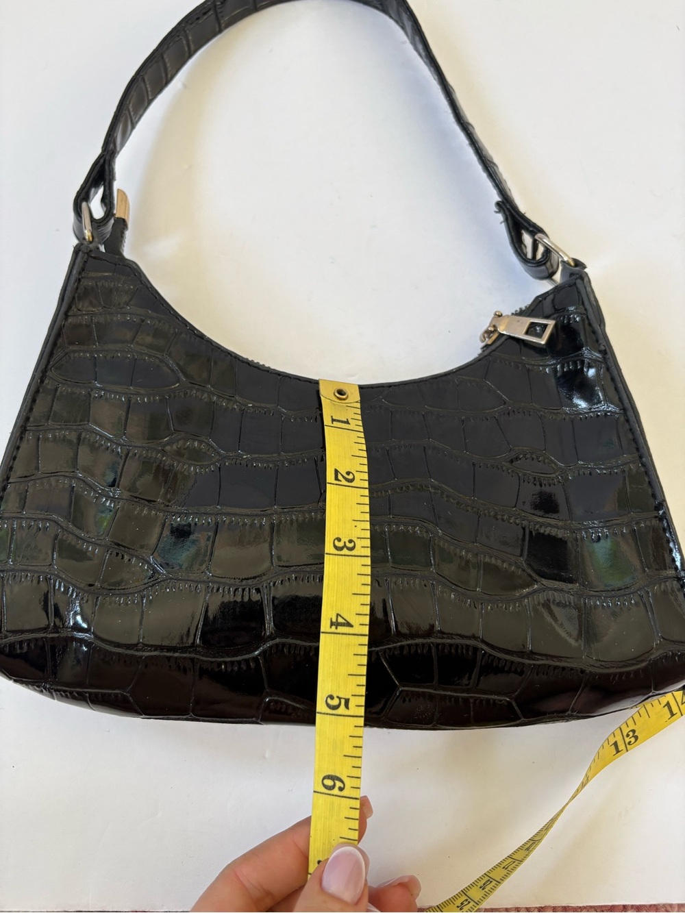 Black Faux Patent Crocodile Embossed Leather Baguette Bag Purse Baddie Party - Picture 6 of 8